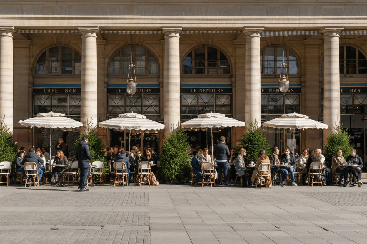 Diners at an outdoor cafe terrace